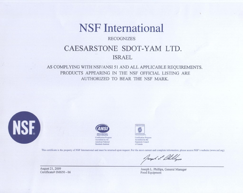 Caesarstone. Πιστοποιητικό του διεθνούς οργανισμού NSF International